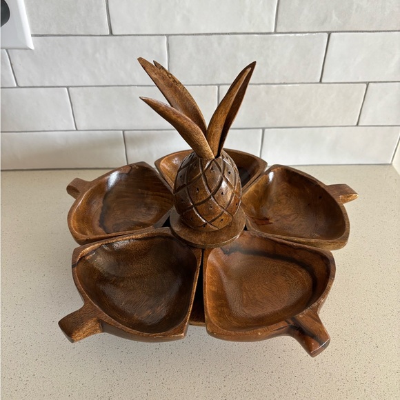 VTG 1-Tier Pineapple Hawaiian Hand Carved Monkey Pod Lazy Susan Serving Tray MCM - Picture 1 of 5